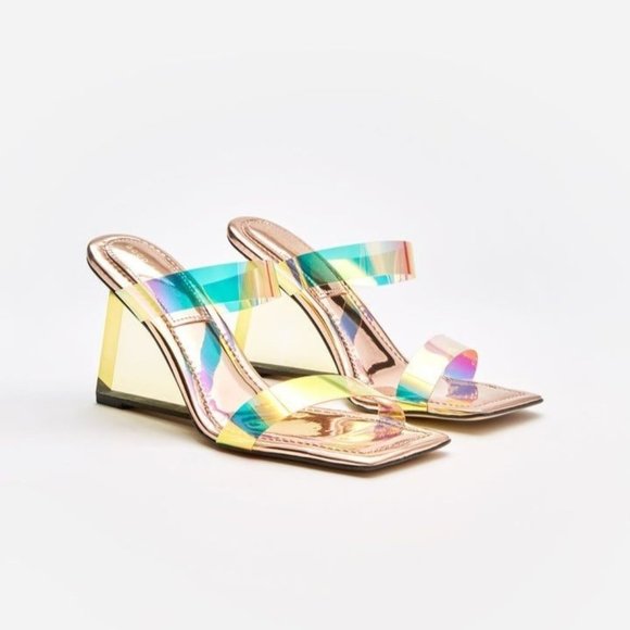 Good American Shoes - Good American Cinder-F*cking-Rella Iridescent Wedge Mule Heel GA278P Rainbow Wom